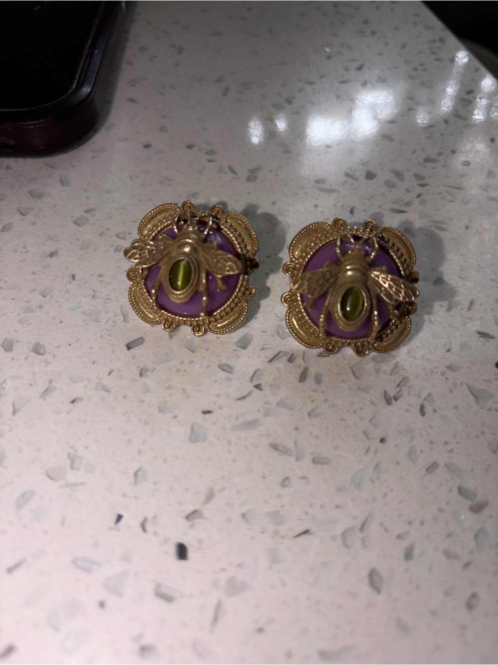 Gold-Tone Bee Stud Earrings with Purple Enamel and Olive Center